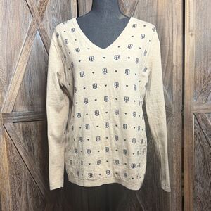 Tommy Hilfiger Beige V-Neck Sweater with Navy Pattern sweater